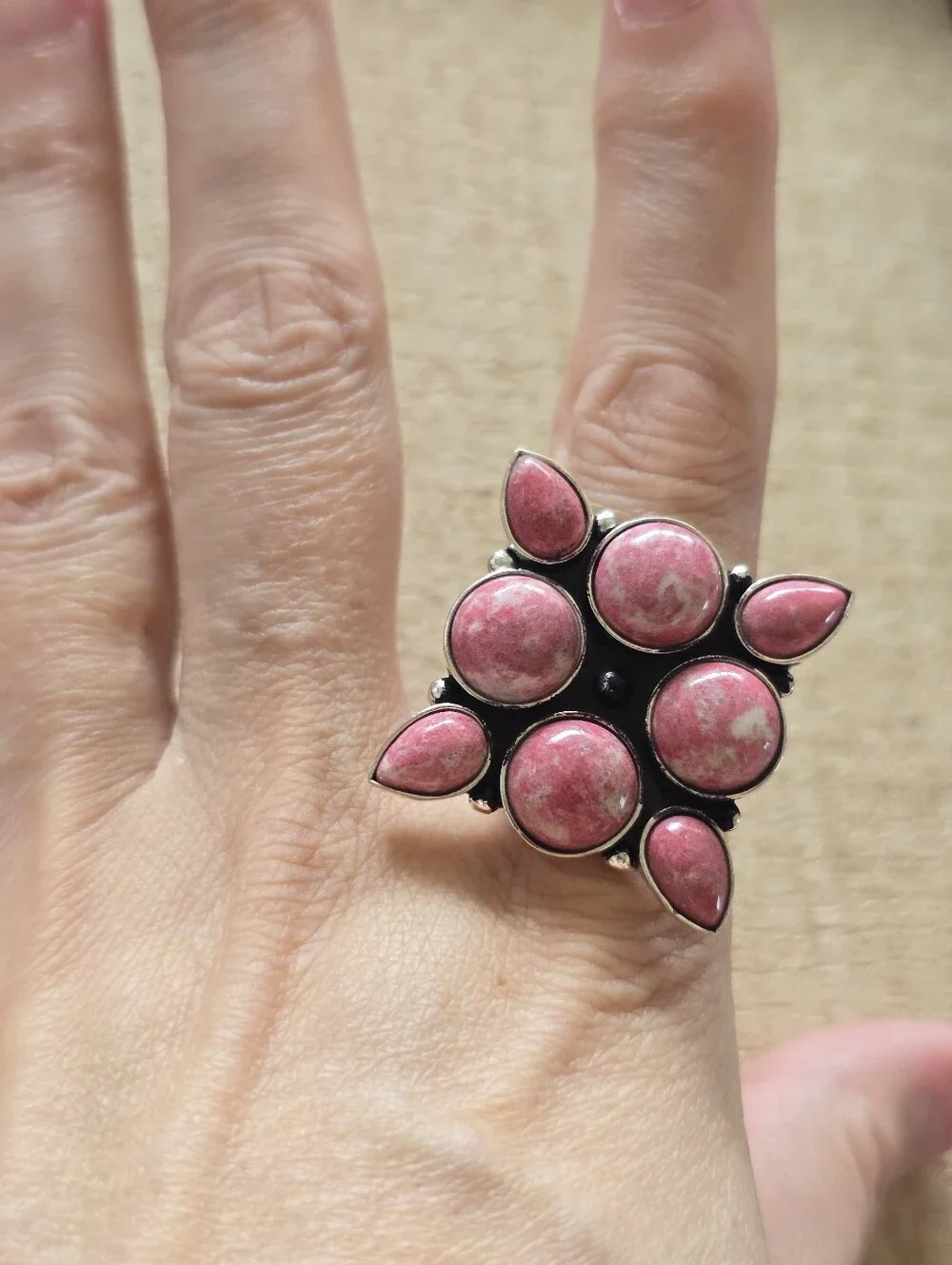 Stunning Statement Ring With Pink Rhodochrosite In SP Copper, Southwestern